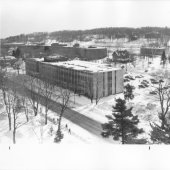 Aerial view of Fisher Hall in the winter.