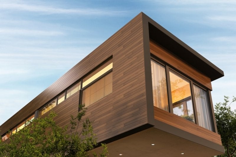Close up of a modern building made with mass timber materials.