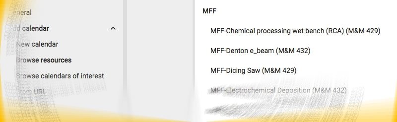 A snapshot of Google Calendar showing MFF resources