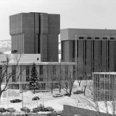 Four buildings on campus in the 1970s during the winter.