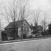 Historical image of three buildings on campus.