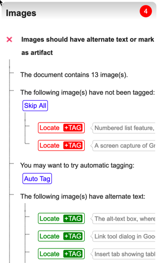 Grackle Docs Images Heading showing the checks for alternative text for images, equations, and drawings. The sub-categories include locations of each image instance and a preview of their alternative text.
