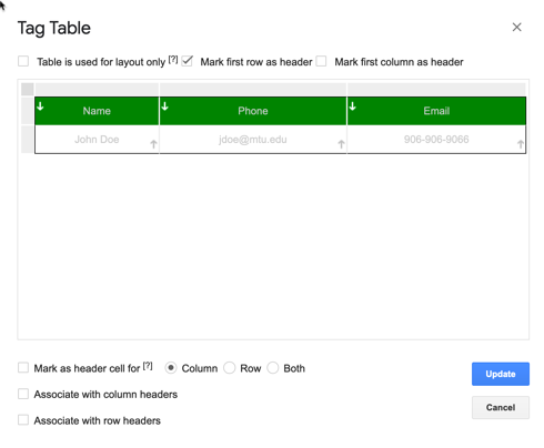 Grackle Docs Tag Tables tool dialog box, allowing users to select rows, columns, and cells as headers within a table layout.