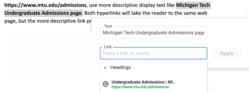 Link tool dialog in Google Docs, where users can enter the descriptive text for a hyperlink.