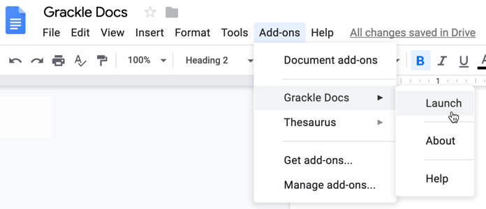 Google Doc's Add-ons menu in the main ribbon bar showing how to launch the Grackle Docs accessibility checker.