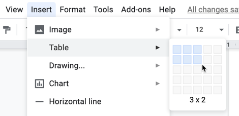 Insert tab showing table configuration tool placing a custom tables in Google Docs.