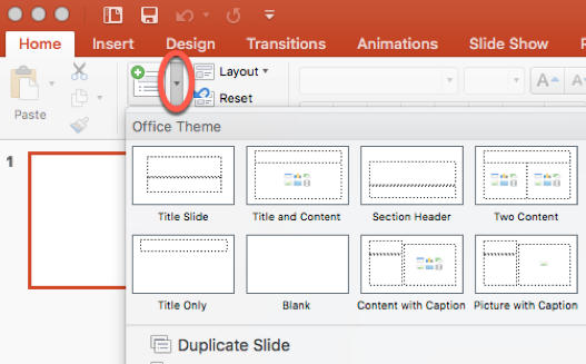 Select a slide layout from the dropdown menu
