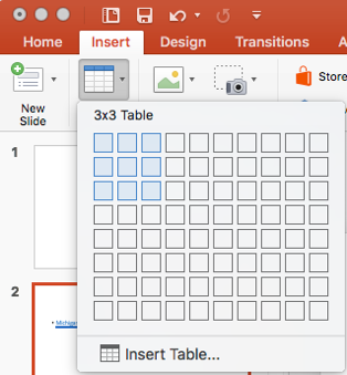 Option for creating table in Insert Tab