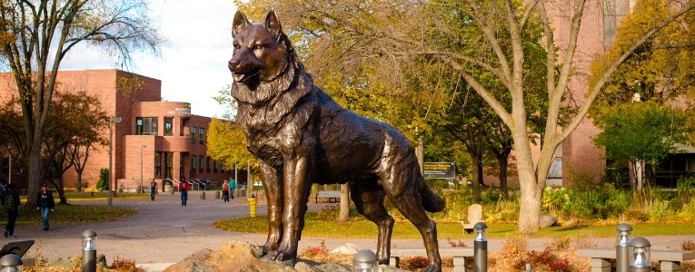 Husky statue at the center of Michigan Tech's campus.