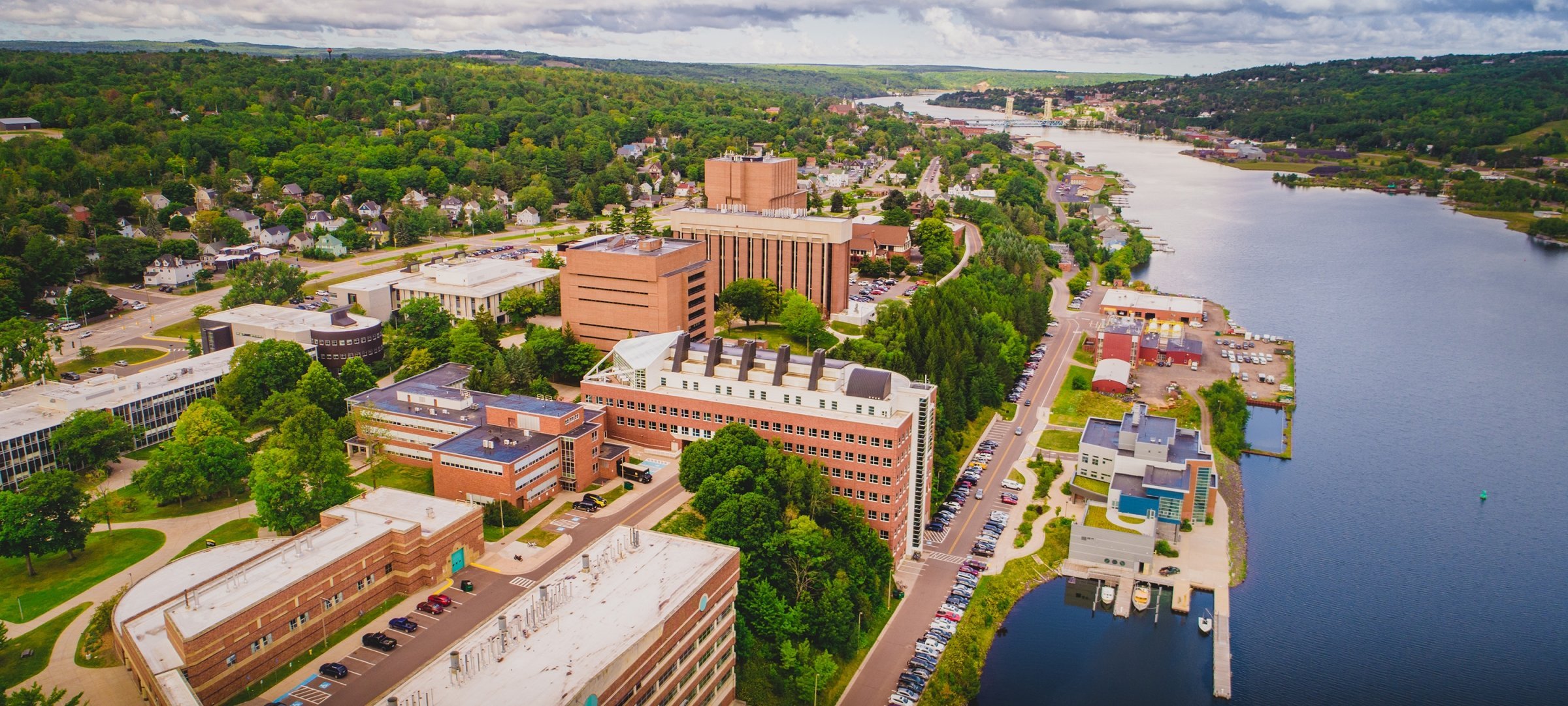 Arial view of campus and the Keweenaw waterway