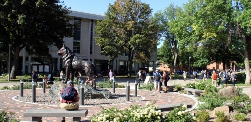 Alumni walking on campus, near the husky statue.