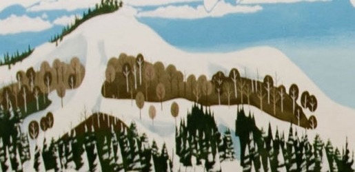 Painted wall mural of a snow covered mountain with trees.