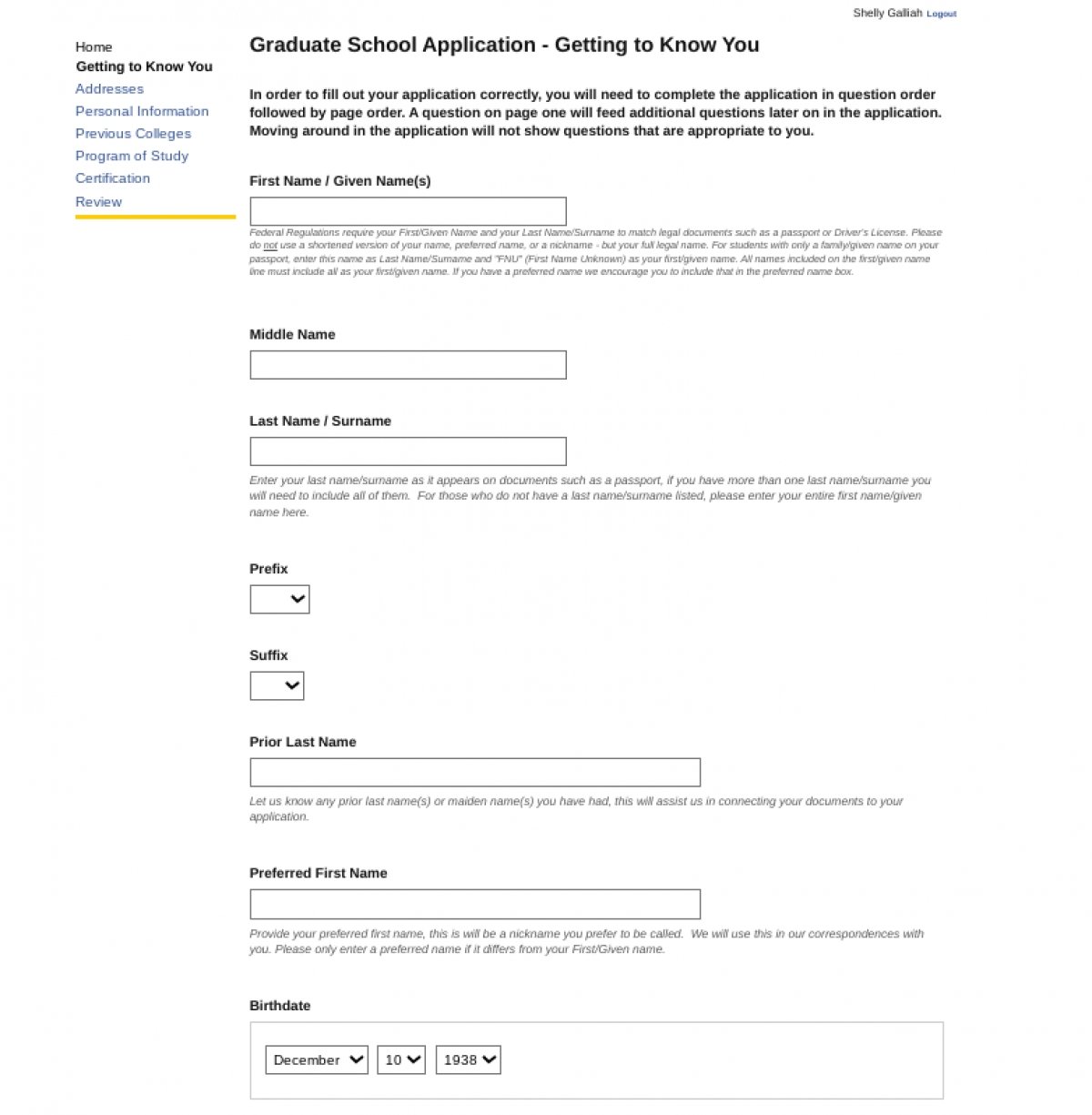 Screenshot of the first page of the application process.