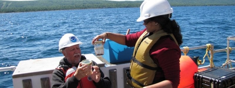 Researchers collecting samples on Lake Superior.