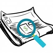 Illustrated magnifying glass looking at a dollar sign on a newspaper.
