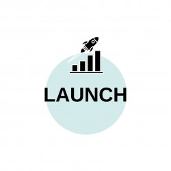 Icon of Launch text with a rocket fliying over increasing bars of a chart.