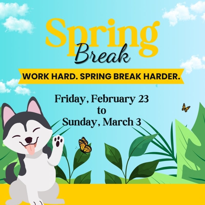 Spring Break. Spring Break Harder. Saturday, February 24 to Sunday, March 3. Husky in nature setting with butterflies.