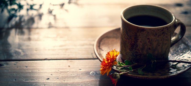 Coffee cup on table with flower