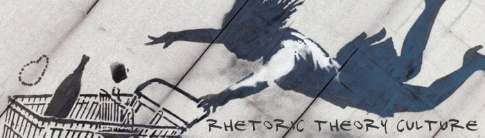 Graphic shadow of a girl on a wall falling and grasping for a shopping cart filled with groceries. Rhetoric, Theory, Culture stylized text at the bottom