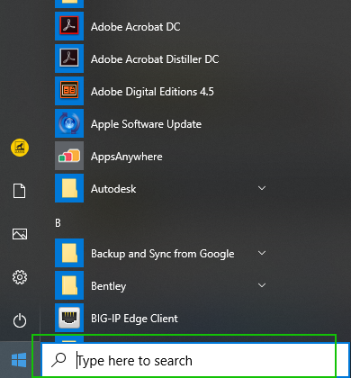 windows start menu search box