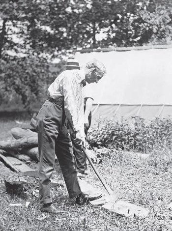 Historical image of Henry Ford chopping wood with an ax.