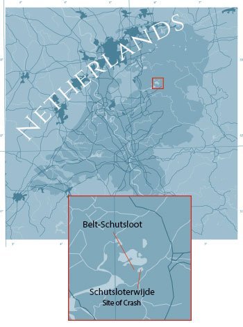 Netherlands map highlighting where John bailed out.