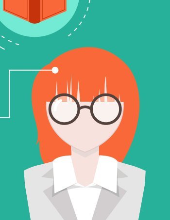 Illustrated female with red hair and glasses.