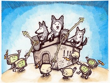 Drawing of computers attacking a castle with huskies in it.
