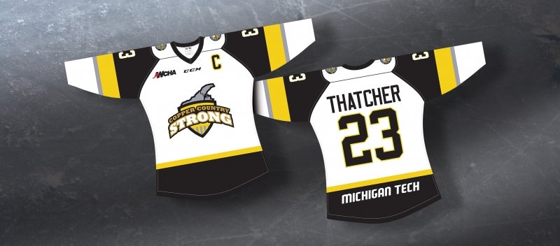 Mock up of a jersey with the Copper Country Strong logo and Thatcher's name.