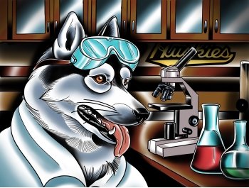 Illustration of husky in a lab wearing safety gear.