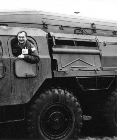 Steve Pribish in a military vehicle.