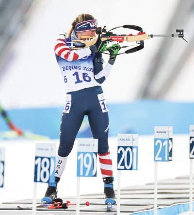 Deedra Irwin shooting during the biathlon competition at the Olympics.