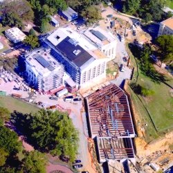 Aerial view of construction taking place on and around the Virginia State Capitol Building.