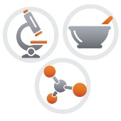 Microscope, bowl, and molecule icons.
