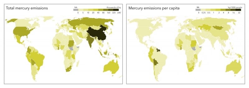 Two maps in different shades of green show total mercury emissions and mercury emissions per capita by country, ranging from the highest, China, to middle, United States and Brazil, to low, Canada.