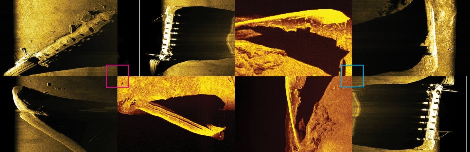 Robots and sonar yield acoustic images of underwater artifacts, including these shipwrecks in maritime preserves.