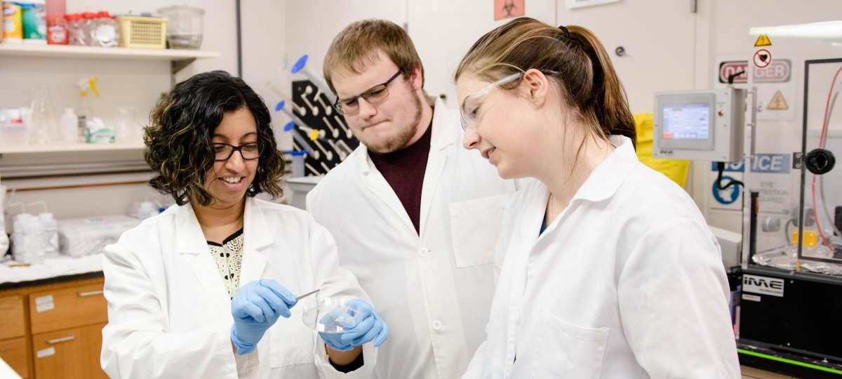 Three people looking at fiber in a petri dish.