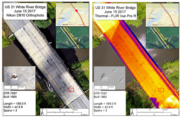 Overhead view of the White River Bridge in photo and FLIR.