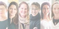 Six women leaders at Michigan Tech in portrait for a story sharing their perspectives during Women's History Month.