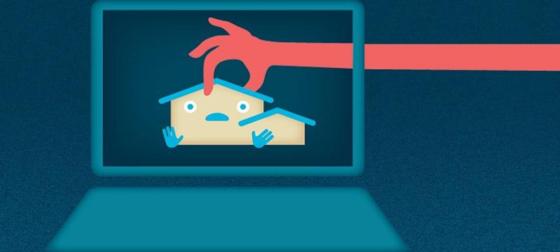 Illustrated hand reaching into a laptop and grabbing a house.