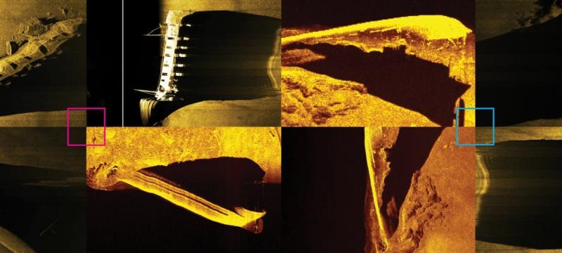 Black and gold colored sonar pictures of shipwreck ruins with shadows, squares, rectangles, sticks and irregularly shaped pieces of boats.
