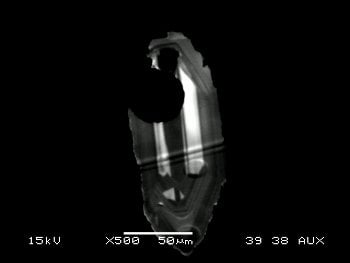 The team imaged tiny zircon crystals, about two widths of a fine human hair, and analyzed the chemistry with an ion microprobe (SHRIMP-RG). Credit: Allison Rubin