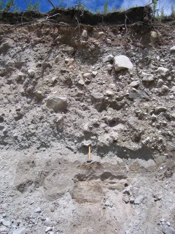 A block and ash flow deposit from the Kaharoa eruption from Tarawera. This was one of several locations where rhyolite from the Kaharoa eruption was sampled for this study. Rock hammer for scale. Credit: Kari Cooper
