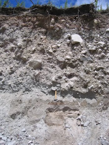 Magma Flow Deposit A block and ash flow deposit from the Kaharoa eruption from Tarawera. This was one of several locations where rhyolite from the Kaharoa eruption was sampled for this study. Rock hammer for scale. Credit: Kari Cooper