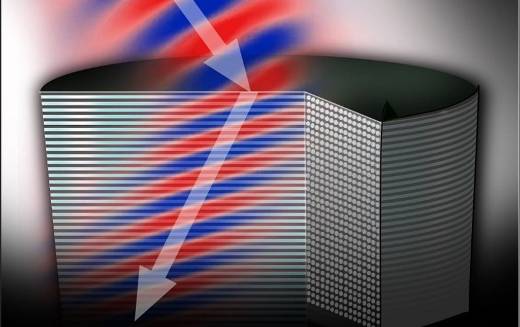 The shape and positioning of the rods in this metamaterial cause light-the arrow-to bend at a negative angle, a process called negative refraction. Better understanding of this dynamic will speed the development of new metamaterials such as perfect lenses and invisibility cloaks, says Michigan Tech's Elena Semouchkina. <em>Illustration by Navid Ganji</em>