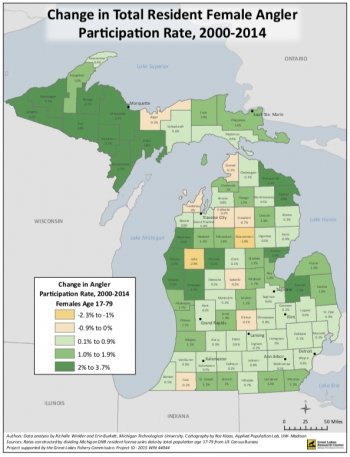A map of Michigan showing angler demographics by county.