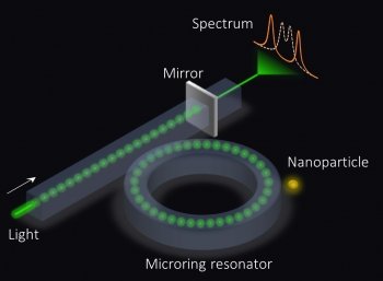 A graphic depiction of a microring sensor, which looks like a doughnut by which a beam of light is passed through a mirror.
