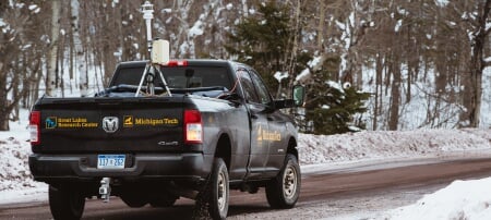In order to capture a more accurate estimate of Lake Superior’s effect on snowfall in the Keweenaw Peninsula, researcher Ben Kopec and his team from the Great Lakes Research Center are taking continuous samples of water vapor as they drive around the peninsula.
