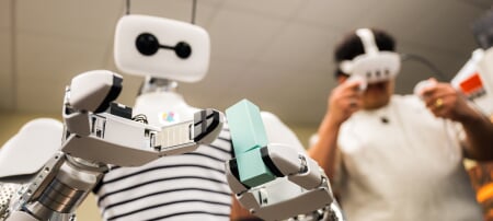 Reachy the Robot is controlled through a virtual reality headset in the Human Robot Interaction Lab at Michigan Tech, where researchers are focused on understanding and improving our relationship to robotic tools.