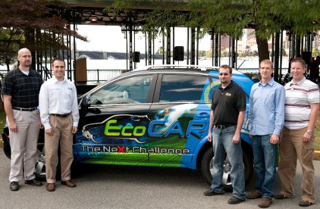 Michigan Tech EcoCAR co-advisor Wayne Weaver with team members Chris Lucier, Trever Hassell, Eric Joseph and Lucas Meeuwsen